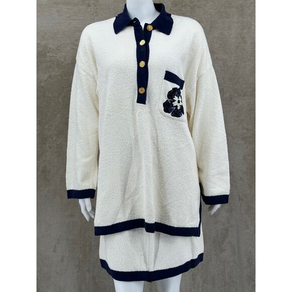 Vintage Escada Set Womens Sweater 42 Skirt 40 Cream Navy Bouclé Sequins Knit - Picture 1 of 16